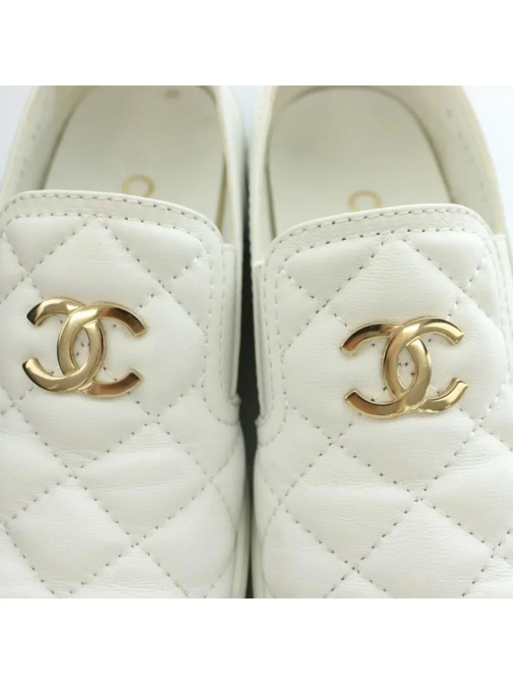 Chanel CC Logo Quilted Leather Slip on Shoes Thick Sole Switch Bicolor White 36